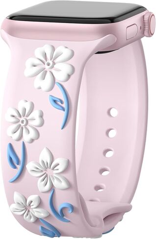 Floral Engraved Band Compatible with Apple Watch Bands 44mm 40mm 41mm 38mm 45mm 49mm 42mm 46mm Women, Soft Silicone iWatch Bands Cute Flower Sport Strap for iWatch Series 10 9 SE 8 7 6 5 4 3 2 Ultra in Kuwait