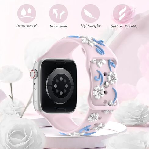 Floral Engraved Band Compatible with Apple Watch Bands 44mm 40mm 41mm 38mm 45mm 49mm 42mm 46mm Women, Soft Silicone iWatch Bands Cute Flower Sport Strap for iWatch Series 10 9 SE 8 7 6 5 4 3 2 Ultra in Kuwait