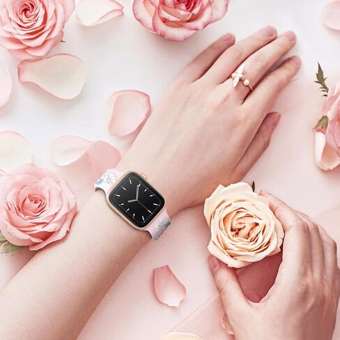 Floral Engraved Band Compatible with Apple Watch Bands 44mm 40mm 41mm 38mm 45mm 49mm 42mm 46mm Women, Soft Silicone iWatch Bands Cute Flower Sport Strap for iWatch Series 10 9 SE 8 7 6 5 4 3 2 Ultra in Kuwait