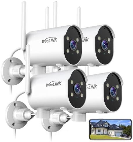 كاميرا مراقبة منزلية WOOLINK 2K خارجية، 4 كاميرات مراقبة منزلية، دوران 225 درجة، رؤية ليلية ملونة، واي فاي 2.4 جيجا هرتز، مقاومة للماء، اكتشاف الذكاء الاصطناعي in Kuwait