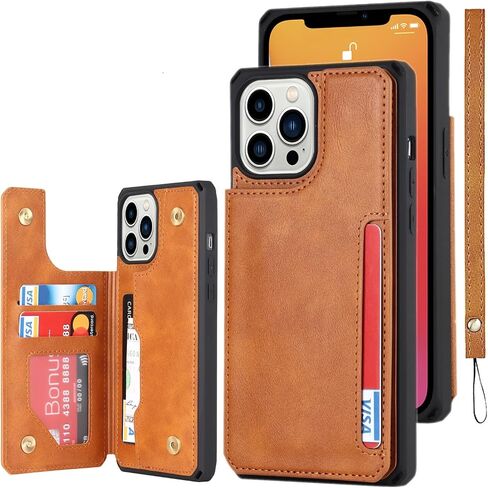 حافظة iCoverCase متوافقة مع حافظة iPhone 13 Pro Max مع حامل بطاقة وحزام معصم، فتحات بطاقات من جلد البولي يوريثان، حافظة مقاومة للصدمات بمشبك مغناطيسي مزدوج مقاس 6.7 بوصة (كاكي) in Saudi Arabia