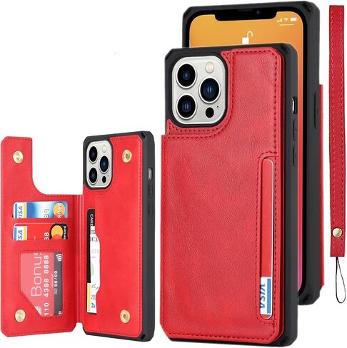 حافظة iCoverCase متوافقة مع حافظة iPhone 13 Pro Max مع حامل بطاقة وحزام معصم، فتحات بطاقات من جلد البولي يوريثان، حافظة مقاومة للصدمات بمشبك مغناطيسي مزدوج مقاس 6.7 بوصة (كاكي) in Saudi Arabia