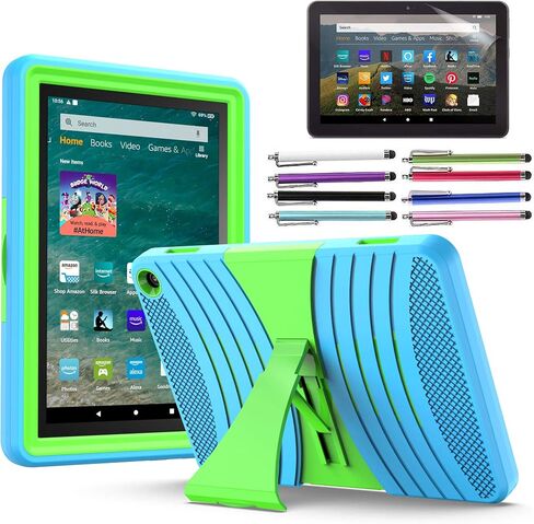 حافظة EpicGadget لهاتف Amazon Fire HD 8 / Fire HD 8 Plus (الجيل الثاني عشر، إصدار 2022) - غطاء حافظة هجين شديد التحمل مع مسند + 1 واقي شاشة وقلم (أزرق/أخضر) in Saudi Arabia