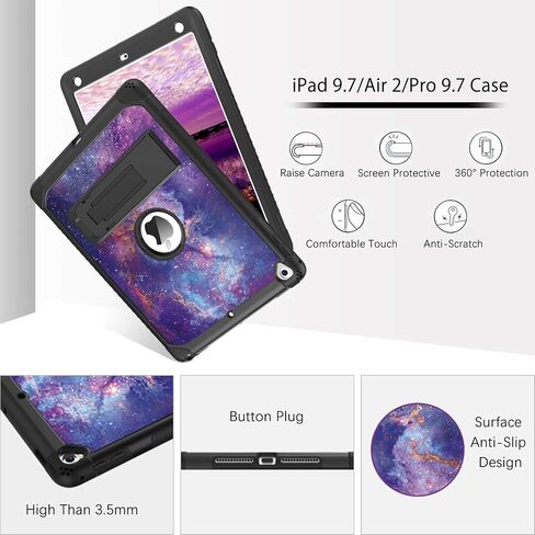 DUEDUE for iPad 9.7 Case 2017/2018, iPad Air 2 Case, iPad 6th/5th Generation Case with Kickstand Glitter Bling 3 in 1 Heavy Duty Hard PC Cover Shockproof Protective Case for iPad Pro 9.7, Purple in Kuwait