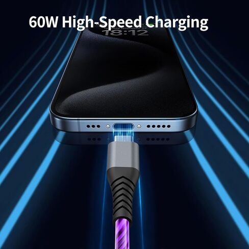 كابل USB C إلى USB C بطول 6 أقدام، كابل شاحن USB C مضيء 3A، شاحن Led من النوع C شحن سريع متوافق مع iPhone 15/15 pro وMacBook وiPad وSamsung Galaxy S23 (أرجواني) in Saudi Arabia