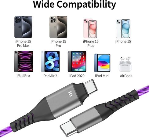 كابل USB C إلى USB C بطول 6 أقدام، كابل شاحن USB C مضيء 3A، شاحن Led من النوع C شحن سريع متوافق مع iPhone 15/15 pro وMacBook وiPad وSamsung Galaxy S23 (أرجواني) in Saudi Arabia