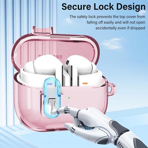 CCSmall for Samsung Galaxy Buds 3 Pro Clear Case with Lock, Military Hard Shell with Anti-Drop Anti-Lost Ring Keychain Case Cover for Galaxy Buds 3 / Buds3 Pro Pink in Saudi Arabia