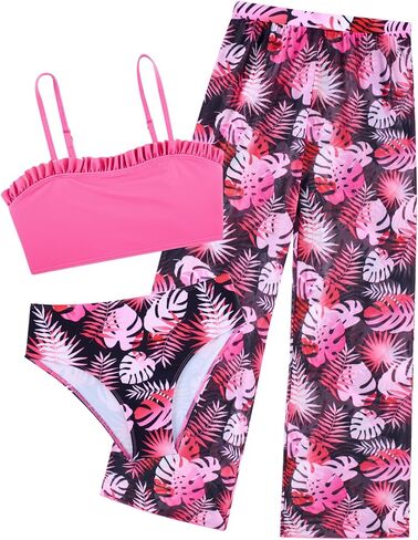Size 8-9 Girls Swimsuits with Rash Guard Pants Big Girl's Black Palm Printed Sporty Bathing Suits 7 8 Years Kids 3 Pieces Bikini Sunsuits UPF 50 Tulle Long Pants for Hawaiian Beach Holiday Cover Ups in Saudi Arabia