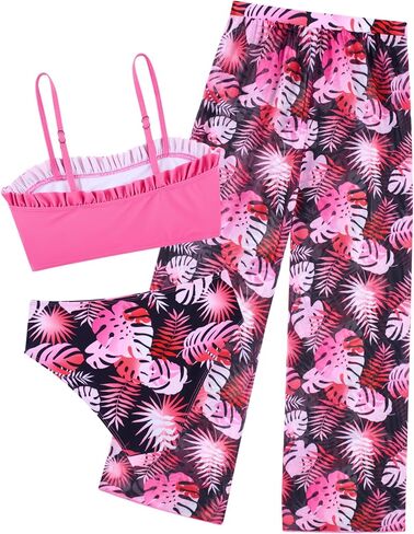 Size 8-9 Girls Swimsuits with Rash Guard Pants Big Girl's Black Palm Printed Sporty Bathing Suits 7 8 Years Kids 3 Pieces Bikini Sunsuits UPF 50 Tulle Long Pants for Hawaiian Beach Holiday Cover Ups in Saudi Arabia