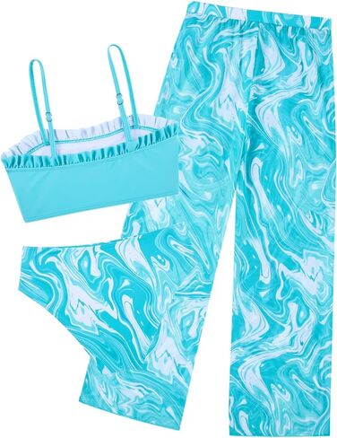 Size 8-9 Girls Swimsuits with Rash Guard Pants Big Girl's Black Palm Printed Sporty Bathing Suits 7 8 Years Kids 3 Pieces Bikini Sunsuits UPF 50 Tulle Long Pants for Hawaiian Beach Holiday Cover Ups in Saudi Arabia
