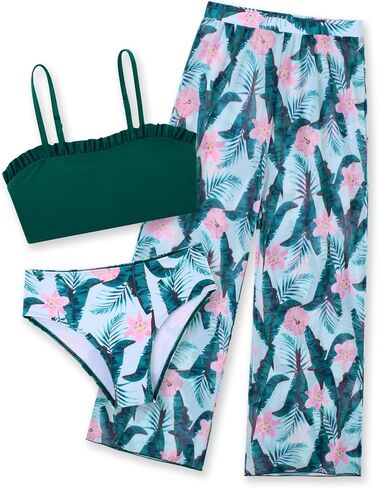 Size 8-9 Girls Swimsuits with Rash Guard Pants Big Girl's Black Palm Printed Sporty Bathing Suits 7 8 Years Kids 3 Pieces Bikini Sunsuits UPF 50 Tulle Long Pants for Hawaiian Beach Holiday Cover Ups in Saudi Arabia