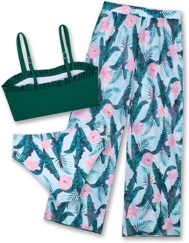 Size 8-9 Girls Swimsuits with Rash Guard Pants Big Girl's Black Palm Printed Sporty Bathing Suits 7 8 Years Kids 3 Pieces Bikini Sunsuits UPF 50 Tulle Long Pants for Hawaiian Beach Holiday Cover Ups in Saudi Arabia