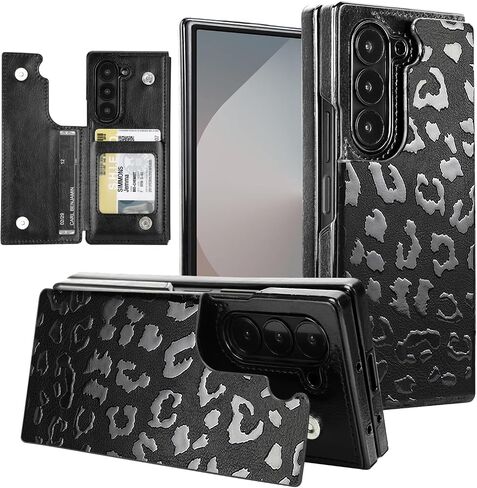 حافظة uCOLOR لهاتف Samsung Galaxy Z Fold 6 مع حامل بطاقة الائتمان، فتحة للنقود من الجلد الفاخر بمسند مغناطيسي مضاد للصدمات لهاتف Galaxy Z Fold 6 5G (أسود ليوبارد) in Kuwait