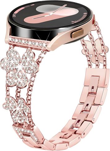 Compatible with 20mm Samsung Galaxy Watch 4 40mm 44mm, Fashion Bling Diamond Clover Band for Women, Cute Dressy Luxury bracelet for Watch 4 Classic 42mm 46mm/Active 2/Watch 3 41mm-Rose Gold in Saudi Arabia