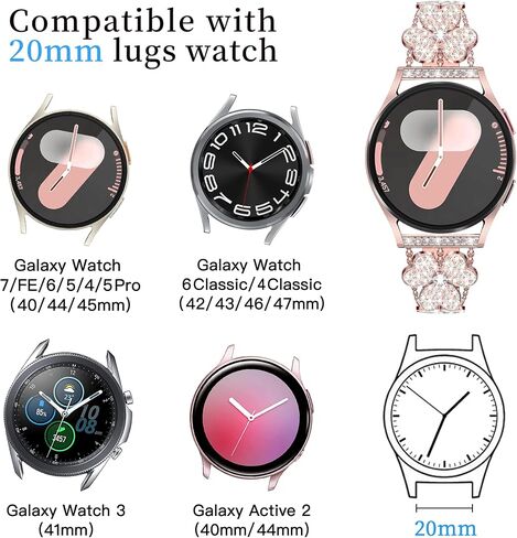 Compatible with 20mm Samsung Galaxy Watch 4 40mm 44mm, Fashion Bling Diamond Clover Band for Women, Cute Dressy Luxury bracelet for Watch 4 Classic 42mm 46mm/Active 2/Watch 3 41mm-Rose Gold in Saudi Arabia