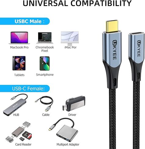 كابل تمديد USBC بطول 6.6 أقدام، موصل ذهبي USB 3.2 نوع C 3.1 ذكر إلى أنثى موسع سلك نايلون، شحن سريع 100 واط، توافق نقل 10 جيجابت في الثانية مع الكمبيوتر المحمول/الكمبيوتر اللوحي الهاتف المحمول/USB C Hub in Kuwait