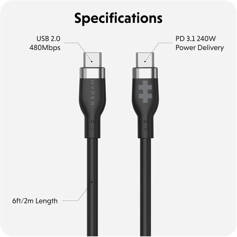 HyperJuice 240W Silicone USB C to USB C Cable (6ft/2m) for All Devices. Durable 240W USB-C Charge Cable. Portable, Tangle-Free Design, Over-Temperature Protection. Charges Any USBC to USBC Device in Kuwait