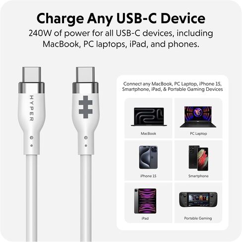 HyperJuice 240W Silicone USB C to USB C Cable (6ft/2m) for All Devices. Durable 240W USB-C Charge Cable. Portable, Tangle-Free Design, Over-Temperature Protection. Charges Any USBC to USBC Device in Kuwait