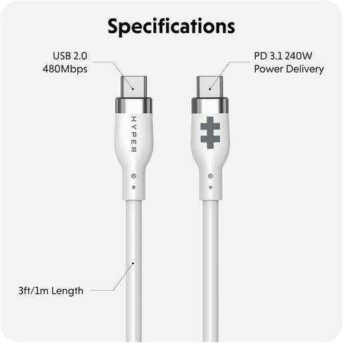 HyperJuice 240W Silicone USB C to USB C Cable (6ft/2m) for All Devices. Durable 240W USB-C Charge Cable. Portable, Tangle-Free Design, Over-Temperature Protection. Charges Any USBC to USBC Device in Kuwait