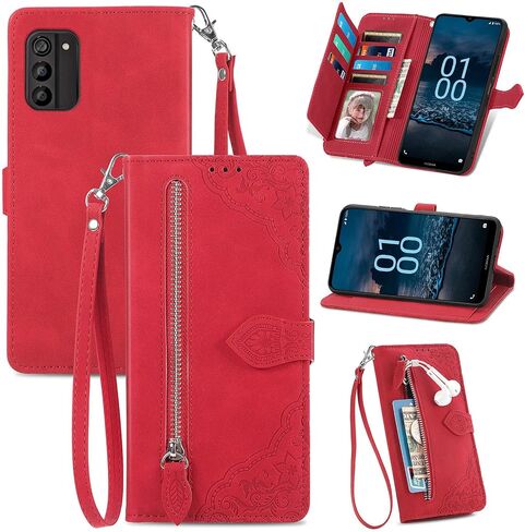 حافظة هاتف بمحفظة بتصميم سحاب لهاتف Nokia G100، حافظة جلدية لطيفة على البشرة مع مشبك مغناطيسي وحافظة لفتحات بطاقات متعددة لهاتف Nokia G100، SZY أحمر in Saudi Arabia