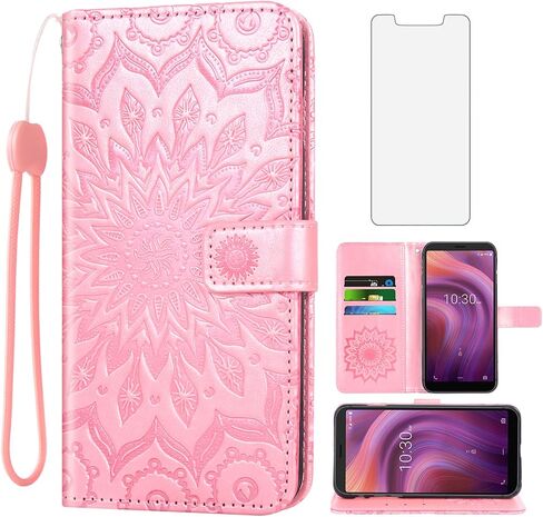 Phone Case for Alcatel 3V 2019 Wallet Cases with Tempered Glass Screen Protector Sunflower Leather Slim Flip Cover Card Holder Stand Cell Accessories Alcatel3V Acatel 3 V V3 19 5032W Women Rose Gold in Saudi Arabia