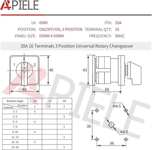 APIELE Changeover Selector Switch 32A 3 Position 8 Terminals Poles 440V Universal Rotary Cam Selector in Saudi Arabia