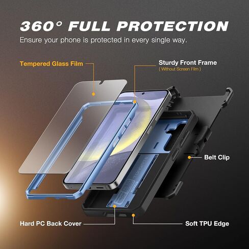 TONGATE for Samsung Galaxy S24 Case with Kickstand, [Bulit-in Slide Camera Cover & Belt-Clip] Full-Body Military Grade Shockproof Galaxy S24 Phone Case with Screen Protector, Black in Saudi Arabia