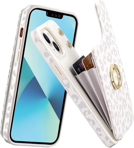 Elteker Phone Case Compatible with iPhone 13 Case with Card Holder,RFID Blocking Wallet Case for Women with Ring-Holder Case for iPhone 13 - Gray Leopard in Saudi Arabia