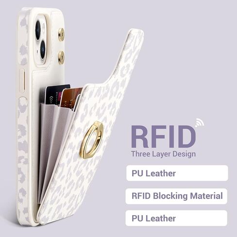 Elteker Phone Case Compatible with iPhone 13 Case with Card Holder,RFID Blocking Wallet Case for Women with Ring-Holder Case for iPhone 13 - Gray Leopard in Saudi Arabia