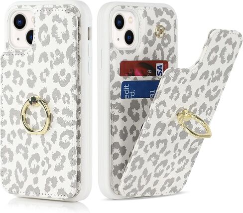 Elteker Phone Case Compatible with iPhone 13 Case with Card Holder,RFID Blocking Wallet Case for Women with Ring-Holder Case for iPhone 13 - Gray Leopard in Saudi Arabia
