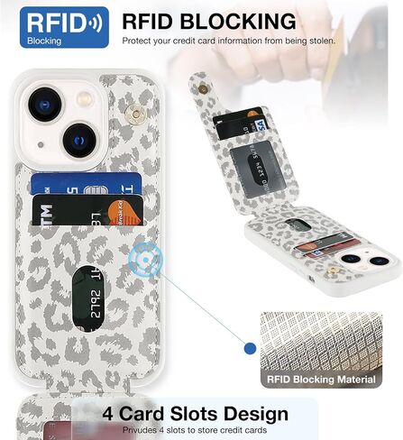 Elteker Phone Case Compatible with iPhone 13 Case with Card Holder,RFID Blocking Wallet Case for Women with Ring-Holder Case for iPhone 13 - Gray Leopard in Saudi Arabia