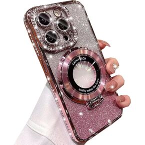 Magnetic Kickstand Glitter Case for iPhone 15 Pro Max, [Compatible with Magsafe] Luxury Bling Sparkly Diamond Rhinestones with Camera Protector Women Girls Case for iPhone 15 Pro Max (Silver)