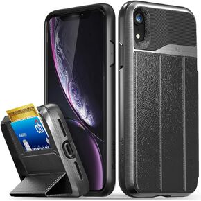 VENA iPhone XR Wallet Case, vCommute (Military Grade Drop Protection) Flip Leather Cover Card Slot Holder with Kickstand, Designed for Apple iPhone XR - Space Gray