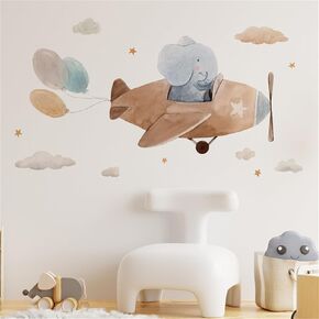 Cute Animal Pilot Wall Decals Stickers Hand-Painted Elephant Aircraft Pilot Wall Sticker Balloon Cloud Star Sticker Kids Room Baby Nursery Bedroom Kindergarten Playroom Wall Decor Art 35in*20.5in