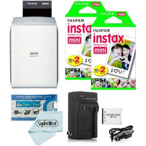 Fujifilm Instax Share SP-2 Smartphone Printer (Silver) Mini Twin Pack (40 Shots) + Travel Charger & Extra Battery + Cleaning Cloth