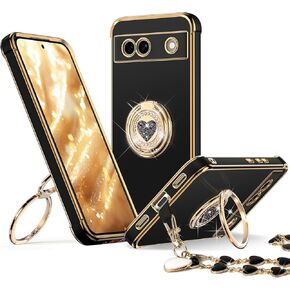 XYZ for Google Pixel 9 Pro XL Case with Stand, Pixel 9 Pro XL Case with Double Ring, Women Girls Cute Love-Heart Luxury Bling Protective Case for Google Pixel 9 Pro XL Case, Black
