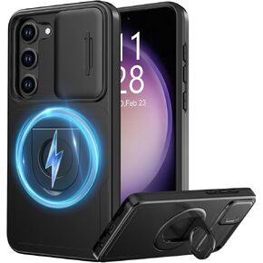 حافظة FUNMIKO لهاتف Samsung Galaxy S22 Ultra مع غطاء عدسة كاميرا منزلق - متوافق مع الشحن اللاسلكي - مسند مغناطيسي - حافظة هاتف واقية مقاومة للصدمات مقاس 6.8 بوصات للرجال والنساء والفتيات - أسود