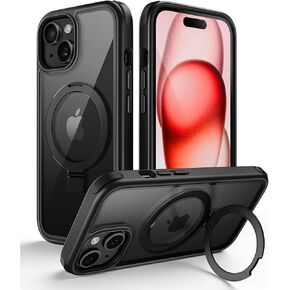 for iPhone 15 Case with Stand, Compatible with MagSafe, Crystal Clear Back, Military-Grade Protection, Magnetic Ring Holder & Protective Bumpers, Non-Yellowing Scratch-Resistant - Black/Red