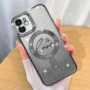 ZIYE Magnetic Case Designed for iPhone 16 Pro Max Glitter Case Luxury Plating Love Heart Compatible with MagSafe Clear Case with Camera Protector Protection Shockproof Cover for Women Girls-Pink