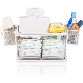Diaper Caddy, Diaper Organizer For Changing Table, Nursery Diaper Storage, Newborn Baby Essentials Must Haves, Tabletop Organizer With 2 Drawers Mit 2 Hanging Baskets For Wipe Dispenser, Wipe Warmer