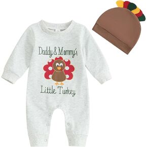 Newborn Baby Boy Girl First Thanksgiving Outfit Turkey Long Sleeve Romper Jumpsuit with Beanie Hat 2 Piece Clothes