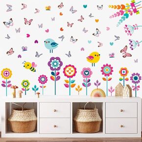 Children's Wall Decals with Cute Patterns of Flowers, Grass, Bees, Butterflies, Little Birds and Wheat Ears. PVC peelable Stickers.