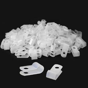 200Pcs 1/4 Inch (6.4mm) R-type Cable Clamps White Nylon Cable Organizer Clips Plastic Wire Cord Management Fastener