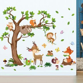 AM AMAONM Removable Jungle Animals Fox Deer Elephant Birds Lion Wall Decals DIY Tree and Leaves Wall Sticker Peel and Stick Home Wall Art Decor for Kids Baby Boys Nursery Bedroom Classroom (39143)