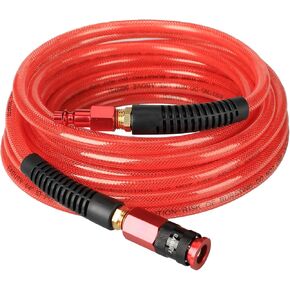 Heavy Duty Reinforced Polyurethane Air Hose 1/4 in x 100 ft, Lightweight, Flexible Compressor Hose with Universal Quick Coupler, Plug and Bend Restrictors, Red