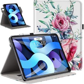 VORI iPad Air 5th/4th Generation 10.9 Inch 2022/2020 Case with 360 Rotating, Multi-Angle Viewing Folio Stand Cover with Pocket, Auto Sleep/Wake for iPad Air 4 & 5 case, Peony