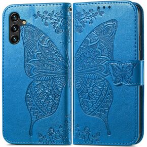 for Samsung Galaxy A13 5G Wallet Case, Samsung A04S Case, Embossed Butterfly Premium PU Leather [Kickstand] [Card Slots] [Wrist Strap] [6.5 inch] Phone Cover for Samsung A13 5G (A1-Blue)