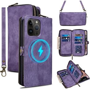 Rssviss Wallet Case for iPhone 12/12 Pro Case Crossbody with Card Holder Wrist Strap, Flip Zipper Case Compatible with Magsafe, RFID Blocking Purse Cover for iPhone 12 Pro Women Men 6.1" Purple