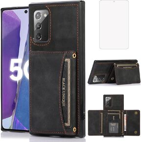 NKECXKJ Design for Samsung Galaxy Note 20 Wallet Case with Tempered Glass Screen Protector PU Leather Credit Card Holder Slot Phone Cases Kickstand Shockproof Protective Cover for Men 6.7 inch Black