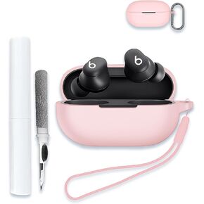 Case for Beats Solo Buds 2024, Soft Silicone Protective Portable Scratch Shock Resistant Hard Shell with Cleaner Kit & Carabiner & Lanyard,Pink